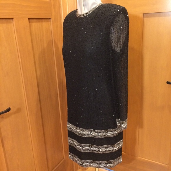 VTG Black Silk Beaded Sheath Dress XL Great Cond - Picture 2 of 15